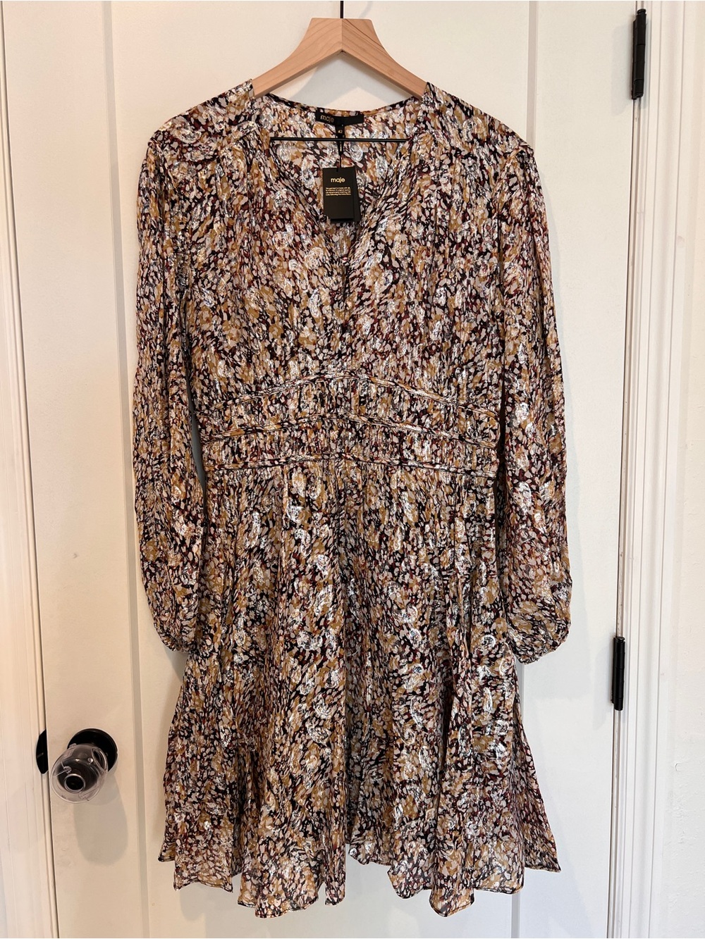 NEW NWT Maje Gathered Printed Metallic Fil Coupé Dress